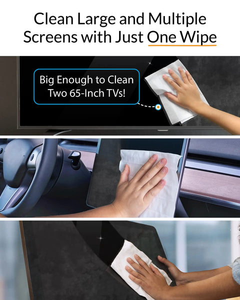 XL Screen Cleaning Wipes For TVs And Monitors, Streak Free And Fast Drying, shown cleaning various screen sizes