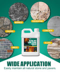 Killer Wet Look Stone and Concrete Sealer 1 Gallon shown with various stones like marble, travertine, and slate for outdoor use.