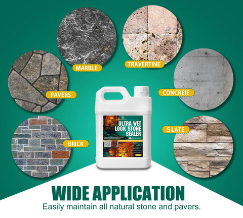 Killer Wet Look Stone and Concrete Sealer 1 Gallon shown with various stones like marble, travertine, and slate for outdoor use.