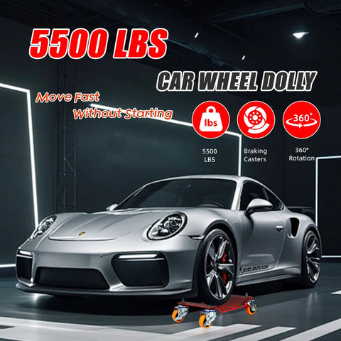 Heavy Duty 5500 Lbs Car Wheel Dolly Set With Anti Skid Plates And 360 Swivel Wheels Steel Vehicle Mover For Garage Suv Truck Zero Sweat Hella Smooth Relocation Tool featuring dolly under a sports car.