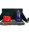 Two Burner Propane Camping Stove With 20,000 BTU Output, Wind Block Panels, And Pressure Regulator For Steady Heat, Fits 10 And 12 Inch Pans with pots