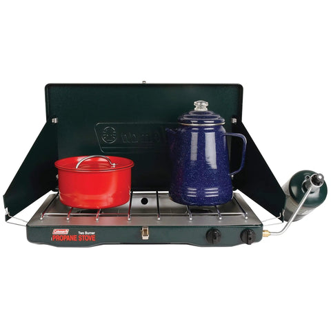 Two Burner Propane Camping Stove With 20,000 BTU Output, Wind Block Panels, And Pressure Regulator For Steady Heat, Fits 10 And 12 Inch Pans with pots