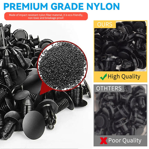Tesla 325Pcs Push Retainer Clip Set With 18 Sizes showcasing high-quality nylon material comparison for Model 3 Y S X panels.