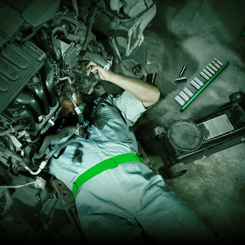 Mechanic using 3/8 Inch Drive Deep Socket Set, SAE 13-Piece 1/4 To 1 Inch, SuperKrome Finish, on engine with organizer shown