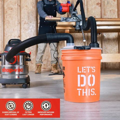 Dust Collector For 5 Gallon Buckets With 2.5 Inch Hose, Elbow Fittings And Metal Filter Included, in workshop setting
