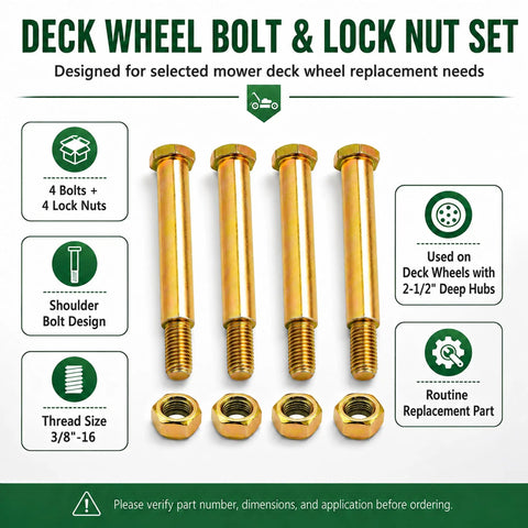 Quick Fix No Sweat Heavy Duty Deck Wheel Shoulder Bolts With Lock Nuts Solid Lawn Mower Repair Replaces 193406 137644 Fits Cub Cadet And Walk Behind Mowers, 4 bolts and nuts set for mower deck.