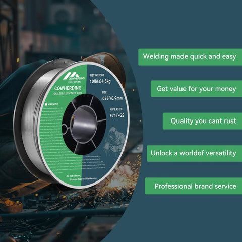 Flux Core Gasless MIG Wire 0.035 Inch E71T-GS Mild Carbon Steel 10 Pound Spool Low Splatter For Cleaner Welds With Strong Arc Stability