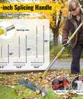 Woman using 55-inch splicing handle of 2 In 1 Thatch Rake And Leaf Rake Stainless Steel Lawn Dethatcher With 19 Tines And 15 Inch Wide Head