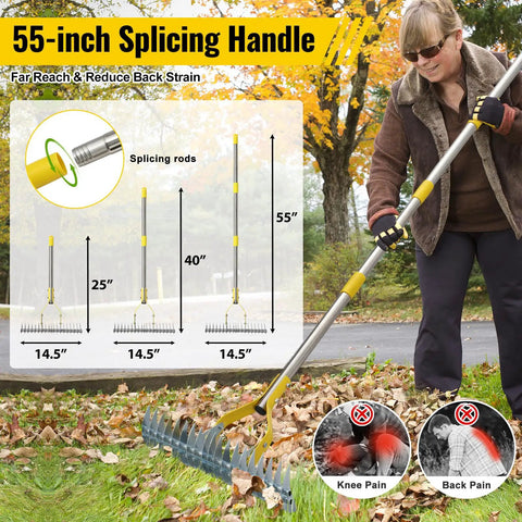 Woman using 55-inch splicing handle of 2 In 1 Thatch Rake And Leaf Rake Stainless Steel Lawn Dethatcher With 19 Tines And 15 Inch Wide Head