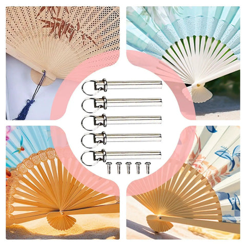 Hand Fan Repairing Kit 25mm Copper Shaft Fasteners Replacement for Folding Hand Fans displayed with fan examples.