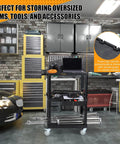 Rock Solid 3 Tier Heavy Duty Rolling Utility Cart Built Different With Hella Tough Polypropylene Shell Rust Resistant Foam Core Mobile Workstation For Garage And Workshop Tool Storage in a garage with tools and accessories.