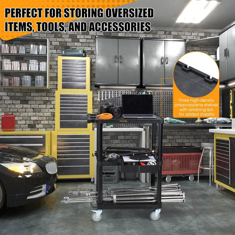 Rock Solid 3 Tier Heavy Duty Rolling Utility Cart Built Different With Hella Tough Polypropylene Shell Rust Resistant Foam Core Mobile Workstation For Garage And Workshop Tool Storage in a garage with tools and accessories.