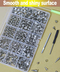 Dope Punk Studs And Spikes Kit Featuring 593 Heavy Duty Cone And Square Pyramid Studs Plus Awl Punch Set For Embellishing Denim Jackets And Leather Gear displayed in a storage case.
