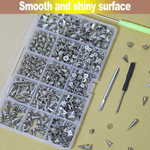 Dope Punk Studs And Spikes Kit Featuring 593 Heavy Duty Cone And Square Pyramid Studs Plus Awl Punch Set For Embellishing Denim Jackets And Leather Gear displayed in a storage case.