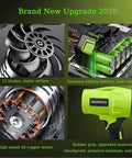 Close-up of components of a powerful cordless leaf blower with 21V battery and charger, including fan blades, motor, and green grip.