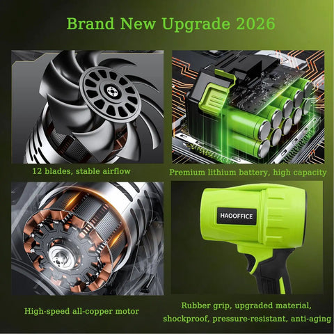 Close-up of components of a powerful cordless leaf blower with 21V battery and charger, including fan blades, motor, and green grip.