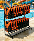 Hardcore Heavy Duty Metal Life Jacket Storage Rack With 20 Individual Slots for fast air drying by the pool.