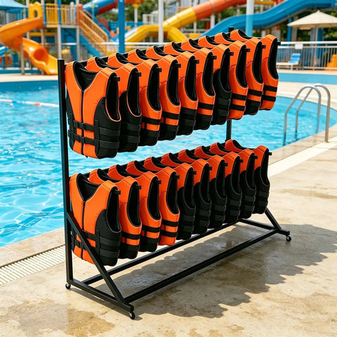Hardcore Heavy Duty Metal Life Jacket Storage Rack With 20 Individual Slots for fast air drying by the pool.
