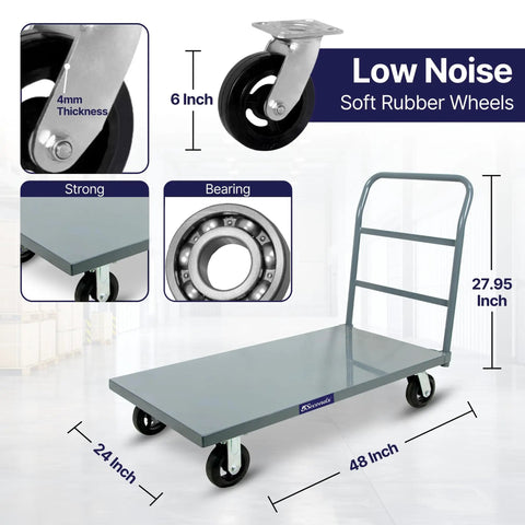 Beefy Heavy Duty Platform Dolly Cart 48 Inch By 24 Inch Flatbed With 2000 Lb Capacity, steel frame, 6-inch swivel wheels, hand push
