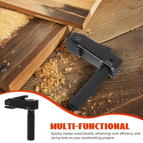 Compact Portable Aluminum Woodworking Clamp With Quick Clamping Function on wooden workbench with sawdust