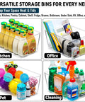 Bulk Clear Storage Bins Set Of 12 With Durable Handles And Blank Labels for organized kitchen condiments and office supplies.