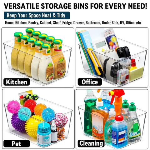 Bulk Clear Storage Bins Set Of 12 With Durable Handles And Blank Labels for organized kitchen condiments and office supplies.