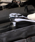 Mechanic uses Three Eighths Inch Drive Stubby Socket Set, 14 Piece Six Point Metric Sockets With Mirror Chrome Finish in engine