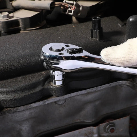 Mechanic uses Three Eighths Inch Drive Stubby Socket Set, 14 Piece Six Point Metric Sockets With Mirror Chrome Finish in engine