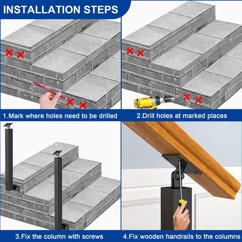 Installation steps for Adjustable Wooden Railing Kit For Outdoor Steps And Porch With Dang Tough Wrought Iron Brackets and Sleek Powder Coated Posts.
