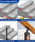 Installation steps for Dang Sturdy Wooden Handrail With Wrought Iron Posts And Adjustable 270 Degree Bracket on stairs.