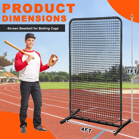 Pitching Screen For Batting Cage With Portable Bag, Heavy Duty 7x4 Ft Net Shield, showcased outdoors with player