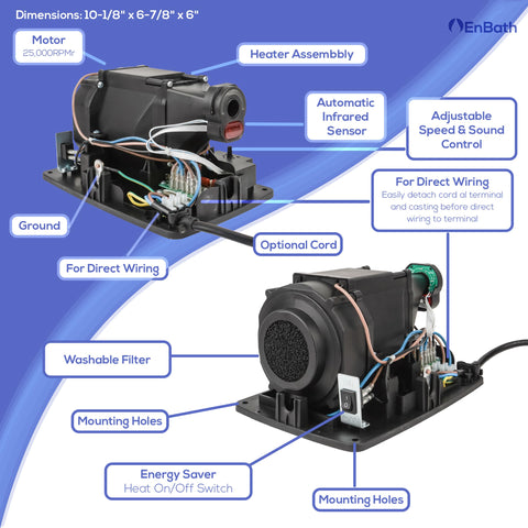 Interior components of Two Pack Commercial Hand Dryer showing motor, infrared sensor, energy saver switch, and wiring options.