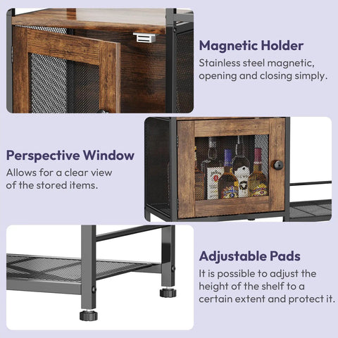 Magnetic holder, perspective window, adjustable pads on Your Go To Home Coffee Bar Cabinet With Drawers, Espresso Finish