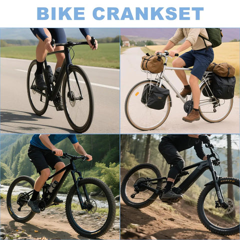 Cyclists using Bike Crankset 24 34 42T 170mm Square Taper For 3x7 3x8 3x9 Speed Mountain Bikes in varied terrains.