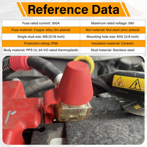 Heavy Duty 300A 58V DC Terminal Fuse Block for Battery Systems with reference data and connections visible on a vehicle.