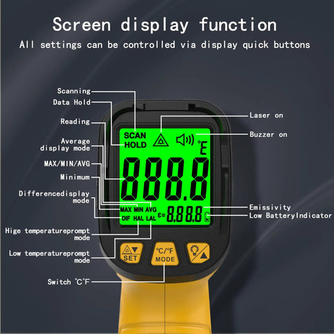 Go-To Non Contact Infrared Thermometer Gun With 50 To 1 Distance Ratio display showing settings and functions