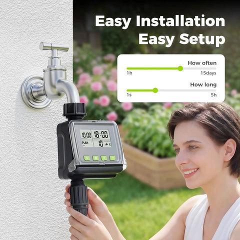Person installing Sprinkler Timer For Garden Hose, No Fuss Programmable Watering Scheduler With Rain Delay on outdoor faucet