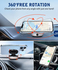 360-degree rotatable car magnetic phone holder on dashboard with black suction mount holding an iPhone.