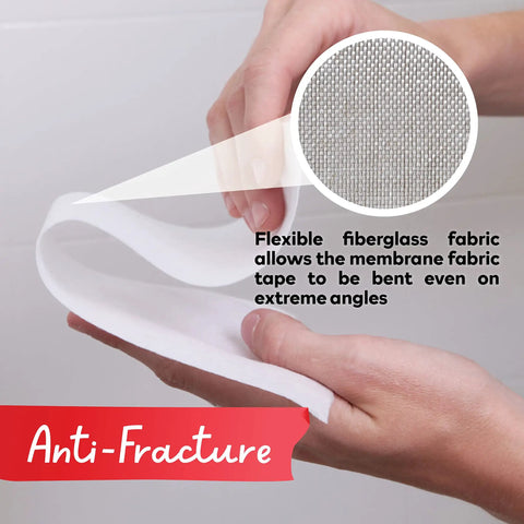 Hands holding waterproofing membrane tape showing flexible fiberglass with anti-fracture feature for tile underlayment.