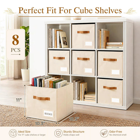 8 Pack Heavy Duty Fabric Storage Cubes 11 Inch Organizer Bins With No Fuss Labels For Closet Nursery And Playroom Slick Cube Shelf Containers Straight Up Sturdy Beige