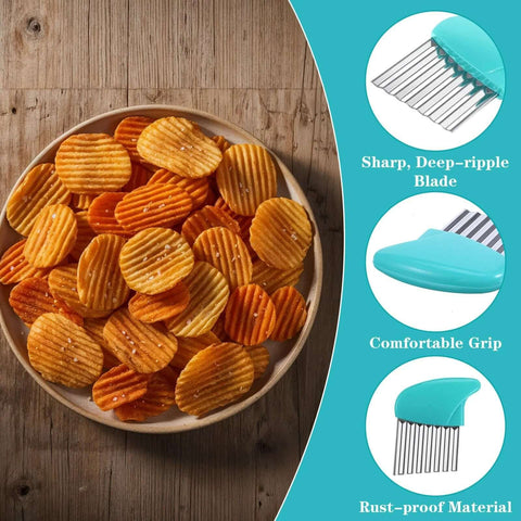 XLIUAX 2-pack crinkle cutter set with turquoise handles and stainless steel blades, front view with crinkle-cut chips