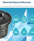 Remineralization Filter For RO Systems Alkaline Water Pitcher Filter infographic with selected natural minerals: calcium, magnesium.