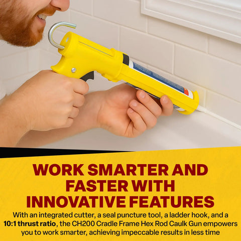 Person using Hex Rod Caulk Gun For 10 Oz Sealant And Adhesive Cartridges, Quiet Squeeze DripFree Tool With Cradle Frame, 10 To 1 Thrust