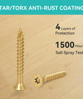 Two Hundred Pack Size Six By One Inch Yellow Flat Head Deck Screws T10 Torx Drive on wood surface with anti-rust coating details.