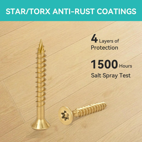 Two Hundred Pack Size Six By One Inch Yellow Flat Head Deck Screws T10 Torx Drive on wood surface with anti-rust coating details.