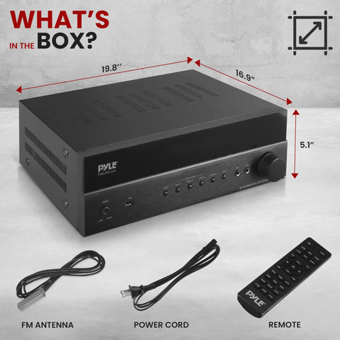 5.2 Channel Hi Fi Home Theater Receiver With 1000W Peak Power Wireless Bluetooth 4K Ultra HD Pass Through MP3 USB DAC shown with accessories