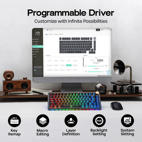 Image of 75 Percent Mechanical Keyboard With Top Shelf Frosted Acrylic Casing, RGB customization on computer screen.