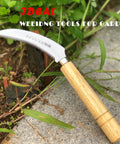 Grass Sickle With Sawtooth Japanese Weeding Hoe Hand Tool with high-strength steel blade and solid wood handle in garden setting
