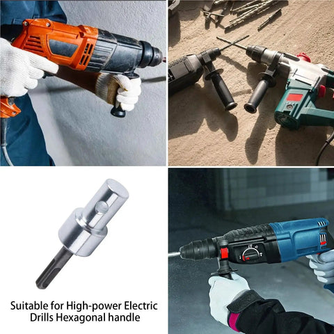 Round Handle Drill Adapter With Two Slots And Two Pits, Pro Grade Electric Drill Attachment in use with different drills
