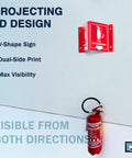 Fire Extinguisher Sign With Arrow 6 Inch 3D Two Sided Acrylic Projecting V Sign For Wall Mount Ideal For Offices Classrooms And Warehouses Bold White Text Easily Visible Fire Safety Signage Includes Screws 2 Pack installed on wall with extinguisher beneath